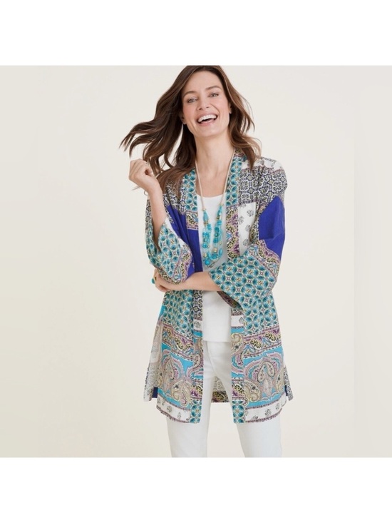 Chico's Tops - Chico's Linen Patchwork Colorful Paisley Short Sleeve Kimono Topper Top 1/M